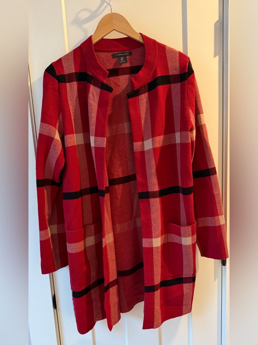 Tahari Red & black Plaid Open Cardigan